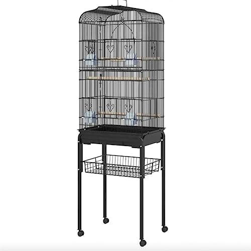  ACQUIRE 63" Metal Indoor Birdcage Starter Kit With Removable Rolling Stand, Storage Basket And Accessories Black Birdcage