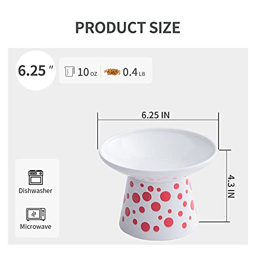  Extra Wide Ceramic Raised Cat Bowls, 6.25 Inch Elevated Food Dish, Shallow Cat Water Bowl Feeding, Prevent Whisker Fatigue Pet Bowl Of Cats, Elder Cats, Dogs, Set Of 2 - White With Red Dots