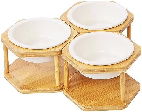  Lusifaco Set Of 3 Single Elevated Cat Bowls, Stainless Steel Raised Cat Food Water Bowl With Bamboo Stand, Pet Dishes Stand Feeder With Anti Slip Feet For Cats And Small Dogs, 13 Oz(Stainless Steel)
