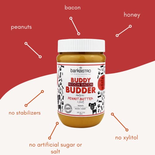  BUDDY BUDDER Bark Bistro Company, Begging Bacon, 100% Natural Dog Peanut Butter, Healthy Peanut Butter Dog Treats, Stuff In Toy, Dog Enrichment, Pill Pocket For Dogs, Made In USA, (17oz Jars)