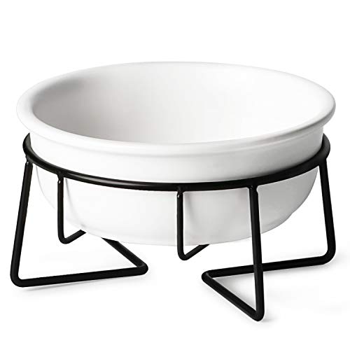  Ceramic Raised Cat Dishes Or Small Dog Bowl With Metal Stand 12 Ounces, Pet Food Or Water Bowls, White