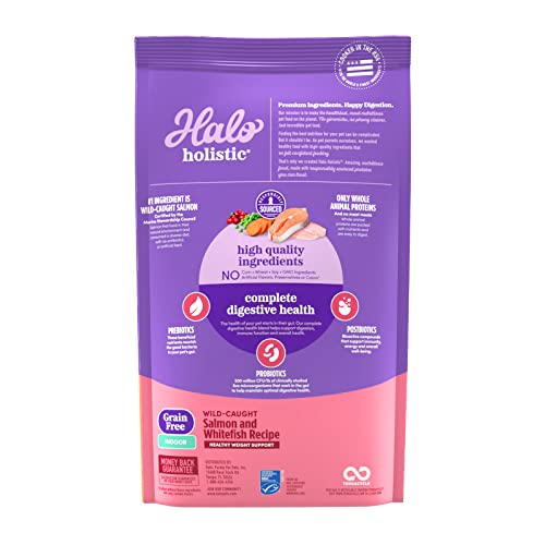  Halo Holistic Indoor Cat Food Dry, Grain Free Wild-caught Salmon & Whitefish Recipe For Healthy Weight Support, Complete Digestive Health, Dry Cat Food Bag, Adult Formula, 6-lb Bag