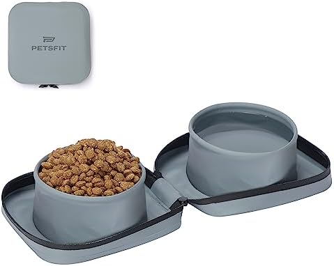  PETSFIT Collapsible Dog Bowls, 2 In 1 Portable Dog Bowl, Upgrade PVC Travel Water Bowl For Dogs Walking Parking Traveling With Carabiner (Double, Grey)