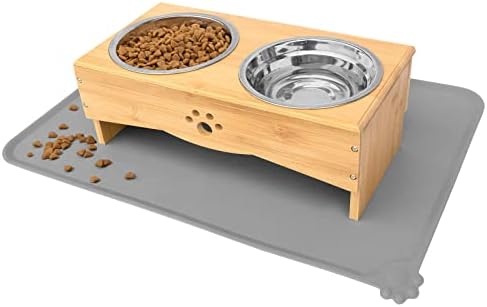  Raised Dog Bowls Stand For Small To Medium Dogs, Bamboo Elevated Dog Food And Water Bowls Feeder Holder (5" Tall With Mat, Bamboo)