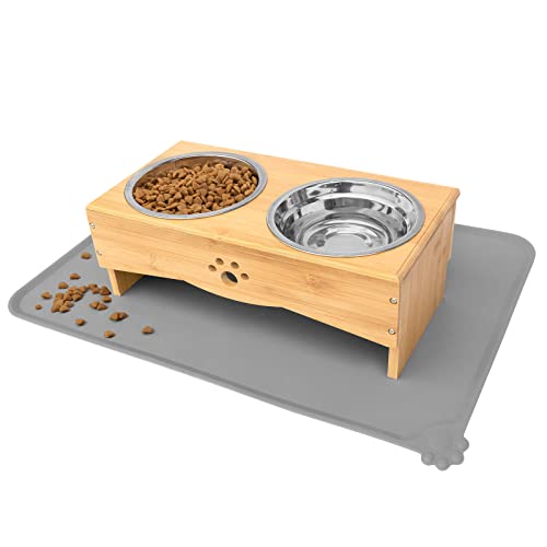  Raised Dog Bowls Stand For Small To Medium Dogs, Bamboo Elevated Dog Food And Water Bowls Feeder Holder (5" Tall With Mat, Bamboo)