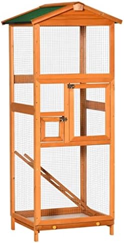  ACQUIRE 65" Outdoor Wooden Birdcage Aviary With Pull Out Tray 2 Doors, Orange 26.75" L X 24.75" W X 65" H
