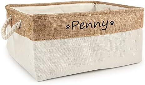  Xingfa Personalized Dog Toy Basket With Name,Custom Dog Toy Basket,Paw Prints Pet Food Storage Container,Dog Toy Box For Small Dogs,New Puppy Supplies (Beige,L 41X32X21cm)