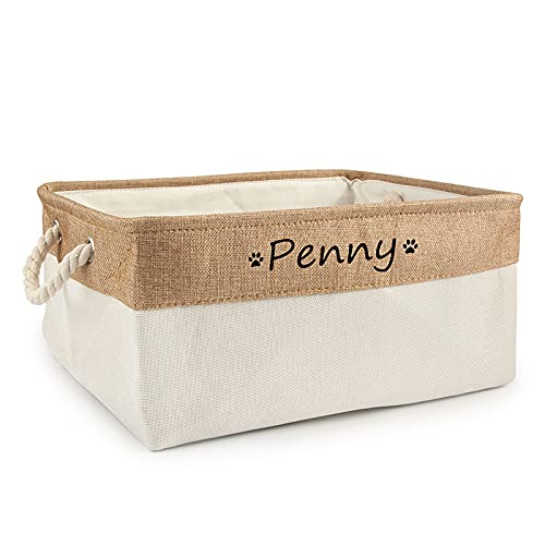  Xingfa Personalized Dog Toy Basket With Name,Custom Dog Toy Basket,Paw Prints Pet Food Storage Container,Dog Toy Box For Small Dogs,New Puppy Supplies (Beige,L 41X32X21cm)