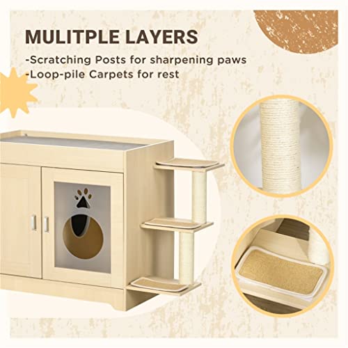  ACQUIRE 3 In 1 Litter Box Enclosure Hidden Kitty House Cat Tree, Cat Washroom Storage Bench With Double Doors, Multiple Layers