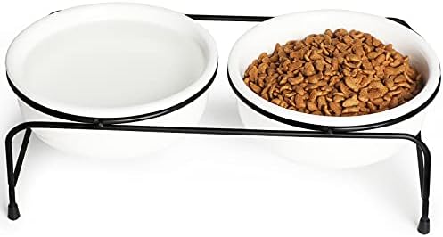  GDCZ Porcelain Raised Cat Or Small Dog Bowls With Heighten Metal Stand And Non-Slip Bottom For Pet Food And Water Dishes, 15 Ounces (Grey)