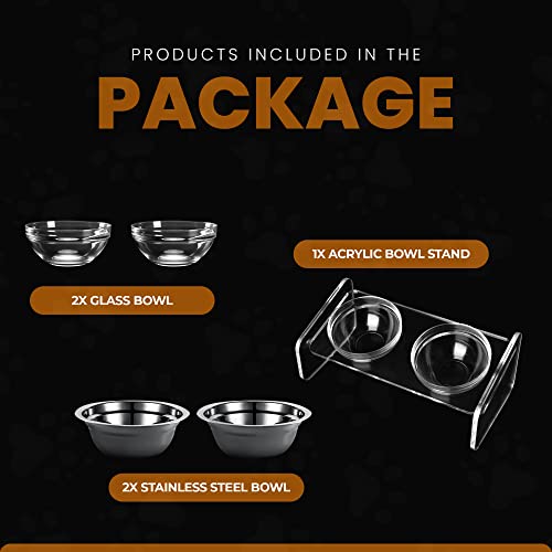  Dog And Cat Bowls Elevated Set,15°Tilted Acrylic Clear Pet Feeder Stand With 2 Glass Bowls And 2 Stainless Steel Bowls Raised Food Water Bowls Holder Perfect For Small Pets