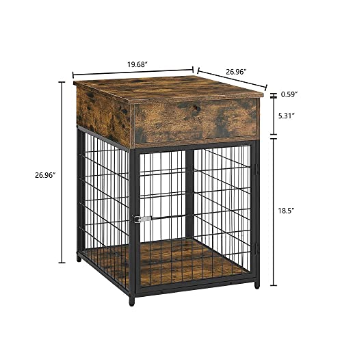  Furnished Wooden Dog Crate End Table, Small Dog Crate Furniture, Storage Console With Pull-Out Drawer, Furnished Dog Cage (Rustic Brownn, 19.69" W X 22.83" D X 26.97" H)