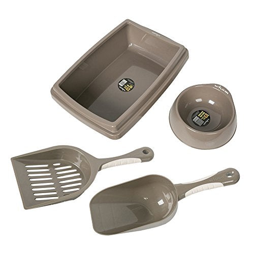  Lucky Tree 3 Color Cat Litter Pan Litter Box Plastic Cat Food Bowl With Scoop Shovel, 4Pcs Pet Supplies Set For Cats