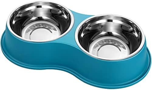  Dog Bowls Double Dog Water And Food Bowls Stainless Steel Bowls With Non-Slip Resin Station, Pet Feeder Bowls For Puppy Medium Dogs Cats (Green)