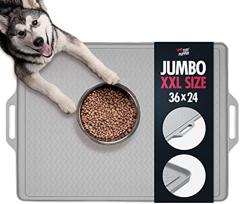  Tuff Pupper 28x20 Large Waterproof Pet Feeding Mat | Raised Edges Prevent Spills | Easy Clean Dishwasher Safe | Holds Food & Water Mess From Floor | Non Slip Silicone Base | Dogs & Cats Silicone Tray
