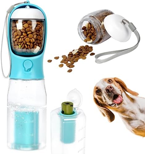  MORMIUKII Dog Water Bottles,Portable Dog Water Bottle With Food Container & Poop Bags,Leak Proof Dog Travel Water Bottle For Walking,Hiking,Travel,BPA-Free & Ligthtwight（20oz）(Blue)