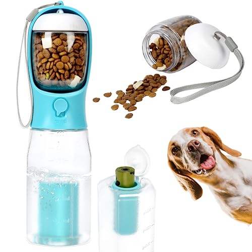  MORMIUKII Dog Water Bottles,Portable Dog Water Bottle With Food Container & Poop Bags,Leak Proof Dog Travel Water Bottle For Walking,Hiking,Travel,BPA-Free & Ligthtwight（20oz）(Blue)