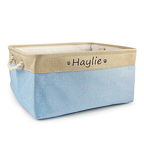  Xingfa Personalized Dog Toy Basket With Name,Custom Dog Toy Basket,Paw Prints Pet Food Storage Container,Dog Toy Box For Small Dogs,New Puppy Supplies (Light Blue,L 41X32X21cm)