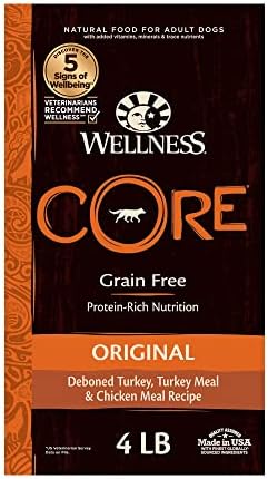  Wellness CORE Grain-Free High-Protein Dry Dog Food, Natural Ingredients, Made In USA With Real Meat, All Breeds, For Adult Dogs (Original Turkey & Chicken, 4-Pound Bag)