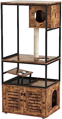  Lamerge Large Cat Litter Box Furniture, Cat Tree Tower With Scratching Post And Cat House Condo, Wooden Cat Cabinet With Doors And Cat Feeding Bowl, Rustic Brown