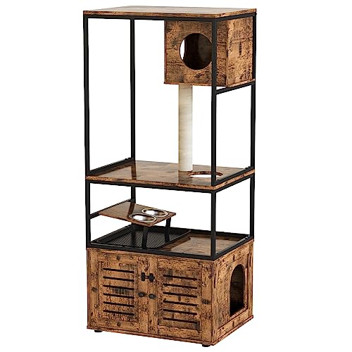  Lamerge Large Cat Litter Box Furniture, Cat Tree Tower With Scratching Post And Cat House Condo, Wooden Cat Cabinet With Doors And Cat Feeding Bowl, Rustic Brown