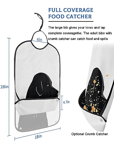  Funnywall88 Adult Bibs Black Puppy Dog Pets Waterproof Apron For Elderly, Women For Eating With Adjustable Strap Snap Closure - Washable With Optional Crumb Catcher, Reusable, Large