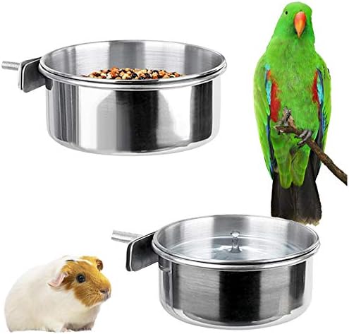  Kalevel 2 Sizes Bird Feeding Dish Cups Stainless Steel Parrot Food Bowls Water Feeder With Clamp Holder For Caged Animals (B Set)