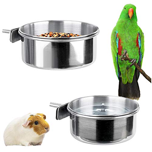  Kalevel 2 Sizes Bird Feeding Dish Cups Stainless Steel Parrot Food Bowls Water Feeder With Clamp Holder For Caged Animals (B Set)