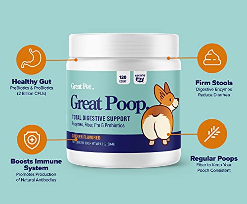  Great Poop Probiotics For Dogs - A Fiber For Dogs Supplement With Dog Probiotics And Digestive Enzymes For A Healthy Gut, Firm Stool & Diarrhea Relief - Chicken Flavored Pet Soft Chews With Prebiotics