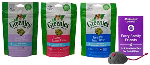  Greenies Feline Seafood Lovers Dental Crunchy Cat Treats 3 Flavor Variety Pack - (1 Each): Succulent Shrimp, Tempting Tuna, Savory Salmon (2.1 Ounces) - Plus Catnip Toy And Fun Facts Booklet Bundle
