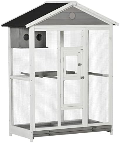  ACQUIRE Bird Cage Wooden Aviary House With Standing Pole Nest Slide-Out Tray, Grey 50" L X 28.75" W X 64.5" H