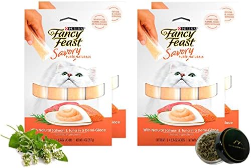  Shadowlish Fancy Feast Savory Purée Naturals In A Demi-Glace - Cat Treats Bundle With A Bonus Shadowlish Reusable Container Of Catnip
