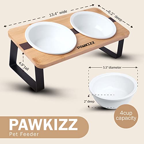  Elevated Cat Ceramic Bowls Stand For Food And Water, Small Dog, Anti Vomit, Indoor Cats, Tilted Feeding Position, Full Bamboo Body Stand With Food Grade, Whisker Friendly Dish For Cats And Puppy