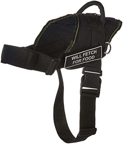 DT Fun Harness, Will Fetch For Food, Black With Yellow Trim, Large - Fits Girth Size: 32-Inch To 42-Inch