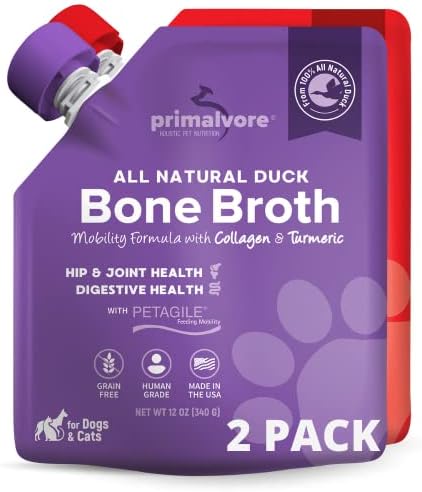  Primalvore All-Natural Duck Bone Broth For Dogs&Cats, Mobility Formula W/Collagen Peptides Supports Hip & Joints, Digestion, Skin&Coat And Hydration, Grain Free, Human Grade, Made In USA. Duck 2 Pack