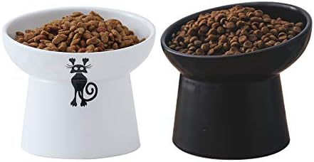  Tilted Ceramic Raised Cat Bowls, 8 OZ Food And Water Bowls Set For Kitty, 5 In Porcelain Elevated Stress Free Feeding Pet Dish, Dishwasher And Microwave Safe (White & Pink)