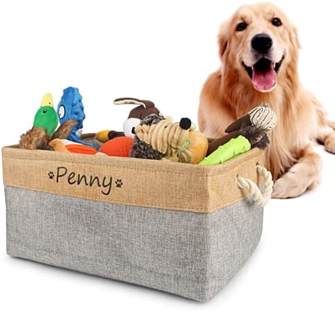  Xingfa Personalized Dog Toy Basket With Name,Custom Dog Toy Basket,Paw Prints Pet Food Storage Container,Dog Toy Box For Small Dogs,New Puppy Supplies (L 41X32X21cm)