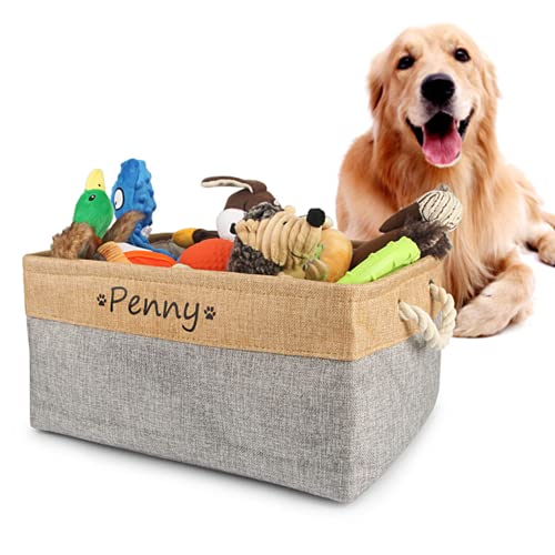  Xingfa Personalized Dog Toy Basket With Name,Custom Dog Toy Basket,Paw Prints Pet Food Storage Container,Dog Toy Box For Small Dogs,New Puppy Supplies (Beige,L 41X32X21cm)