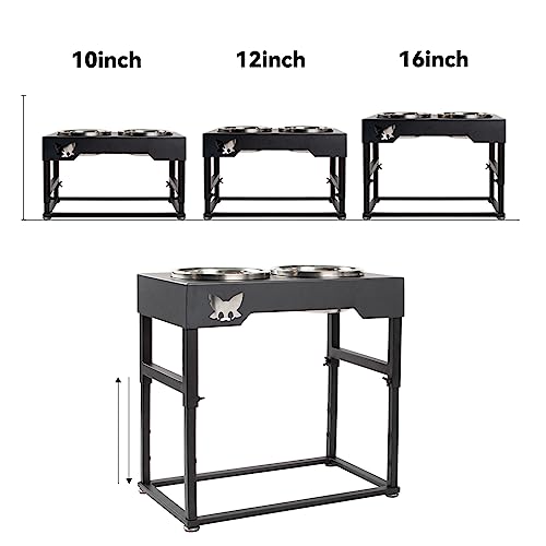  Raised Dog Bowl, Elevated Dog Bowl Adjustable To 3 Heights (9.9", 12", 16") With 2 Stainless Steel Dog Bowls For Small, Medium & Large Dogs Storing Food And Water, Black