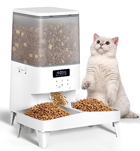  COKBER Automatic Cat Feeders For Two Cats,5L Timed Automatic Pet Feeder With Anti-Stuck Design And Double Bowls, Dry Food Dispenser With Panel Control For 1-2 Cats And Small Dogs,Dual Power Supply