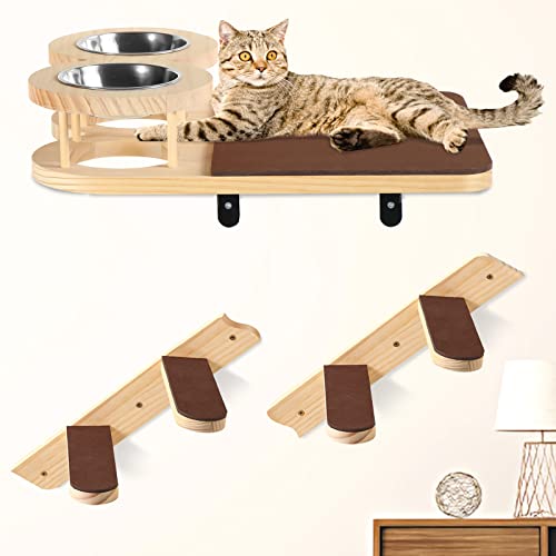  Cat Wall Shelves, Cat Feeding Shelf With Steps- Include Cat Food Shelf, 2 Cat Food Bowl And Cat Ladder, Wall Mounted Cat Feeder Shelf, Cat Furniture Wall For Indoor Playtime And Relaxation