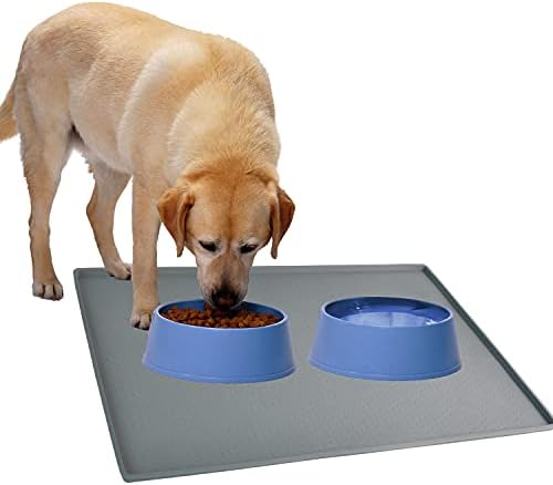 Gosmol Dog Food Mat 24 X 16 Inch, 0.5 Inch Raised Edge Waterproof Pet Dog Food Tray, Washable Dog Bowl Mat, Nonslip Pet Dog Feeding Mat, Silicone Dog Placemat For Floors
