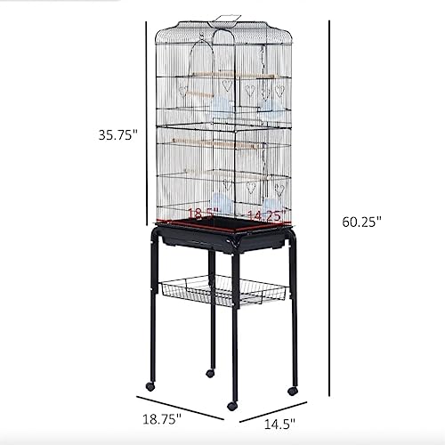  ACQUIRE 63" Metal Indoor Birdcage Starter Kit With Removable Rolling Stand, Storage Basket And Accessories Black Birdcage