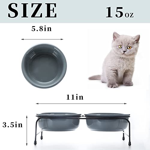  GDCZ Porcelain Raised Cat Or Small Dog Bowls With Heighten Metal Stand And Non-Slip Bottom For Pet Food And Water Dishes, 15 Ounces (Grey)