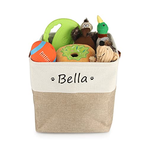  Personalized Dog Toy Box Square Basket With Leather Handles , Custom Name And Paw Pattern Puppy Toy Bin , Storage Baskets For Organizing Food Clothes And Pets Accessories(White Beige)