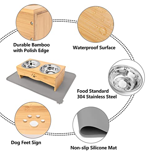  Raised Dog Bowls Stand For Small To Medium Dogs, Bamboo Elevated Dog Food And Water Bowls Feeder Holder (5" Tall With Mat, Bamboo)