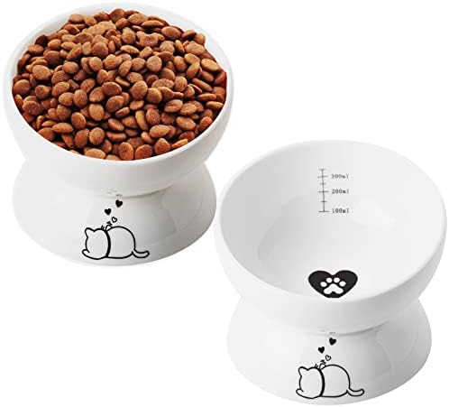  YouPeng Raised Cat Food And Water Bowl, Tilted Elevated Cat Food Bowls No Spill, Ceramic Cat Food Feeder Bowl, For Protect Cat's Spine, Anti Vomiting, Backflow Prevention, 15oz
