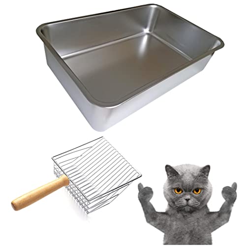  KUNWU Stainless Steel Food Grade 18" X 14" X 6" Extra Large Cat Litter Box With Silver Scoop Set