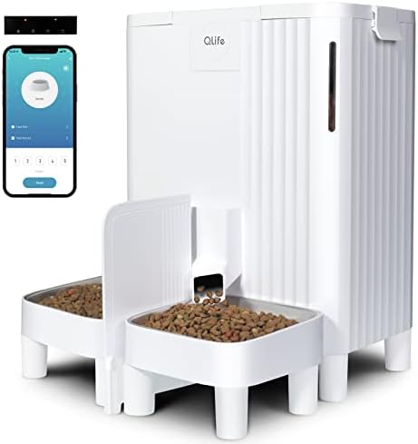  QLIFE Automatic Cat Dog Feeder: Dry Food Dispenser For Dog, Auto Pet Feeder, Portion Control Automatic Dog Feeder (White WiFi, 6L)