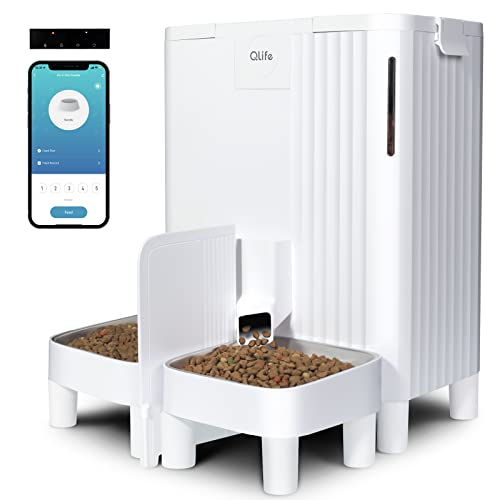  QLIFE Automatic Cat Dog Feeder: Dry Food Dispenser For Dog, Auto Pet Feeder, Portion Control Automatic Dog Feeder (White WiFi, 6L)